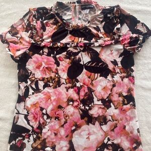 Karl Lagerfeld rose and Black Ruched Cap Sleeve Blouse and ruffle details